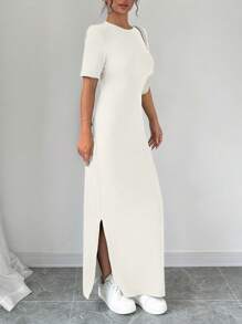 Selianne 女士V领开衩纯色短袖长裙女装 - 米色 - 查看 3