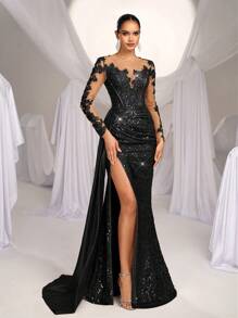 Glamrae Vestido largo tipo sirena de satén con bordados elegantes, encaje, lentejuelas y cola, adecuado para bodas, fiestas, bailes de graduación y cocteles - Vestido formal, elegante y de alta calidad para ocasiones especiales, invitados de boda - Negro - Ver 5