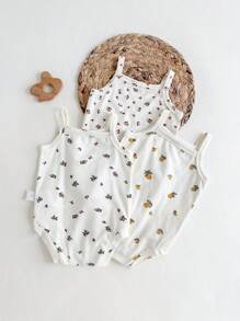 Loomiva Newborn Baby Girl 3pcs Set Plant & Floral Pattern Suspender Bodysuit Outfit - Multicolor - View 2