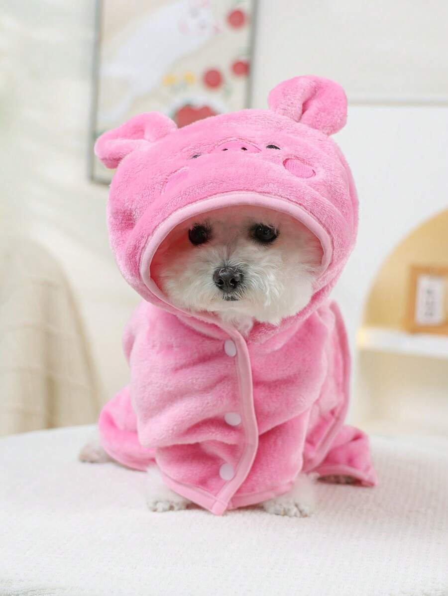 PETSIN 1pc Pet Absorbent Towel, Soft Thickened Quick-Dry Small Pig Hooded Bath Robe With Adjustable Strap, Dog Bathing Grooming Towel