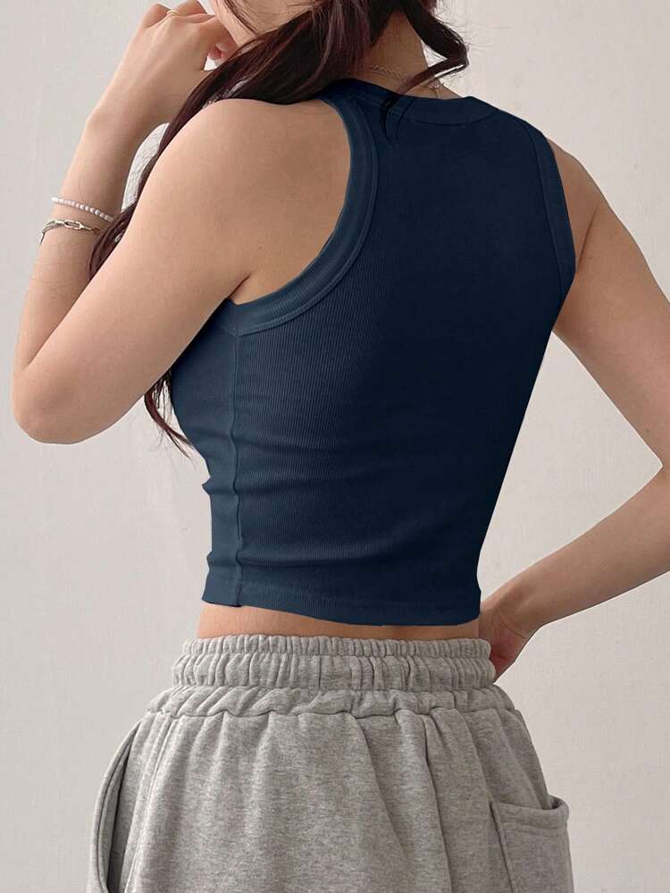 Women's Basic Solid Color Sleeveless Sports Top, Fashionable For Summer Crop Women Tops