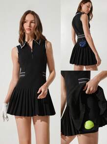 GLOWMODE Court To Club Colorblock Monochrome Design Pleated Dress Tennis Golf Pickleball Low Impact Daily Casual Wear