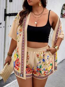 Breezaya Random Floral Plus Size Women 2 Pieces Set: Short Sleeve Shirt And Shorts - Multicolor - View 5