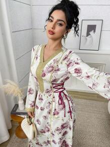 Yasmyna Women Floral Print Ribbon V-Neck Elegant Long Sleeve Arabic Dress, Modest - Multicolor - View 6