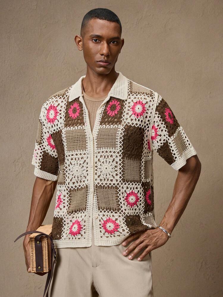 メンズ ニットクロシェ ファッショナブルカジュアル スリムフィット 半袖 ラペル ニットトップ、デイリー、通勤、夏、休暇、パーティー、カップル、彼氏ギフト、父の日ギフト、ビーチウェアに適しています