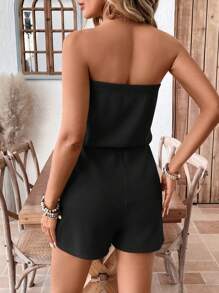 SHEIN LUNE Bộ jumpsuit không dây màu trơn, kiểu dáng thanh lịch, thích hợp cho kỳ nghỉ hoặc những dịp thường ngày. - màu đen - Xem 2