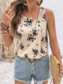 Medorina 女式花卉印花不对称领无袖休闲度假衬衫 - 彩色 - 查看 6