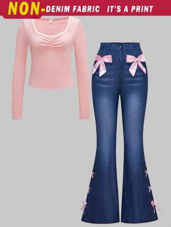 SHEIN WESTFADE Young Tween Girl 2pcs Denim Effect Knit Bow Decor Flared Pants & Lace Trim Form-Fitting Blouse Set,Casual Outfit