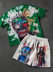 Manfinity EMRG Painting Print Casual Men T-Shirt Set,Men's Mature And Casual Loose Short-Sleeved T-Shirt Set, With Contrasting Green And Apricot Colors On The Top And Bottom, And Personalized Patterns On The Chest And Shorts, Full Of Fashion Sense. The Overall Style Is Avant-Garde And Bold, Showing A Unique Street Fashion Atmosphere, Suitable For Outdoor Sports And Leisure Occasions.