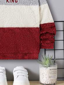 SHEIN Áo nỉ cổ tròn phối màu thêu chữ cho bé trai - Xám - Xem 3