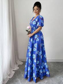 Elenzga Women Floral Print Deep Shirred Short Sleeve Super Long Dress - Dusty Blue - View 3