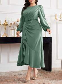 Modelyn Plus Size Elegant Solid Color Lantern Sleeve Ruffled Hem Dress - Green - View 7