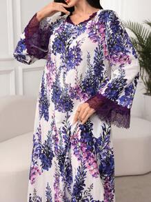 Lacomfia Vestido acampanado de estilo árabe para mujeres de primavera y verano con escote en forma de corazón, ribete de encaje y bajo con volantes, modesto - Multicolor - Ver 5