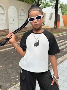 青少年女孩拼色插肩袖可爱猫咪印花短袖休闲 T 恤，返校季，母子装 - 黑與白 - 查看 7