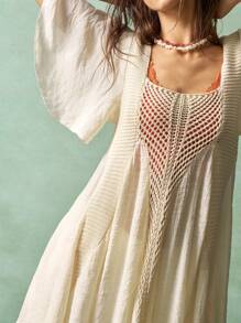 Bohemela 休闲度假钩针拼接优雅雪纺大方领荷叶边袖口不对称连衣裙 - 杏色 - 查看 8