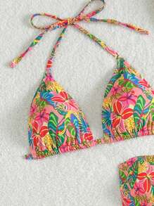 SHEIN Swim Women's 3pcs Bikini Set, Including Print Halter & Bandeau Top With Tie Side Bottoms, Fashion Resort Style For Summer