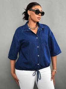 SHEIN Lady Plus Size Blue Denim Top Three-Quarter Sleeves Sexy Shirt Loose And Slim Casual Women Shirt Teacher Back To School, Fall - Dark Wash - View 3