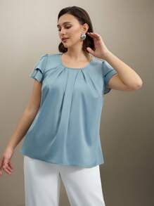 SHEIN Clasi 大码女式夏季纯色圆领褶皱双层袖衬衫 - 藍色 - 查看 5