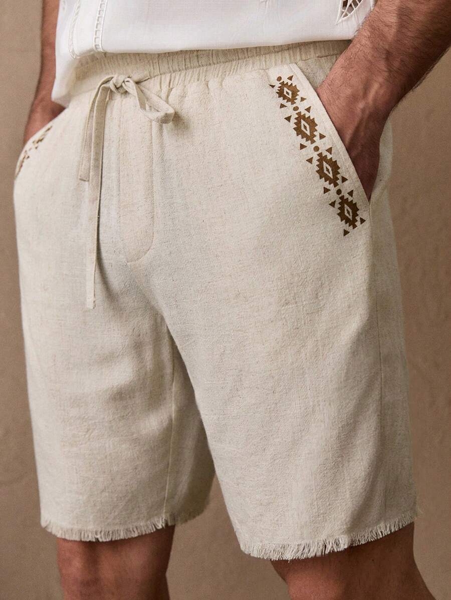 Manfinity VCAY Men's Casual Woven Mid-Rise Drawstring Frayed Hem Shorts - Apricot - View 1