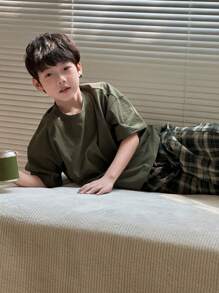 Dazy Kids Tween Boys Knit Round Neck Short Sleeve T-Shirt + Plaid Long Pants Homewear Set, Spring/Summer,Back To School Clothes - Dark Green - View 5