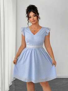 Elenzga Plus Size Women Textured Chiffon Floral Lace Trim V-Neck Ruffle Short Sleeve Back Tie Waist Blue Summer Vacation Dress - Blue - View 6