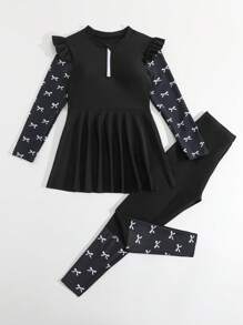 SHEIN Tween Girls Tankinis - White Bow Print & Solid Black 2pcs Set, Long Sleeve Cropped Tankini Top & Long Pants, Casual & Fashionable, Suitable For Vacation & Swimming