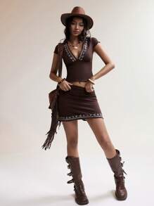 Easelle Vacation Boho Rave Outfits Festival Embroidered Deep V-Neck Bodycon Two Pieces For Women - Black - View 3