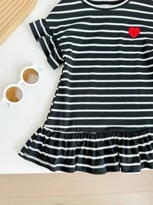 SHEIN Babygirl Cute Striped Heart Print Short Sleeve Knitted Dress, Spring/Summer - Black and White - View 6