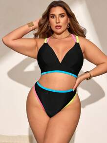 SHEIN Swim Curve Plus Size Color Block Bikini Swimsuit Set, Vacation Style For Summer - Black - View 4