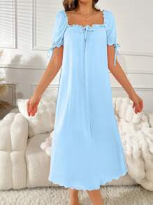 SHEIN Plain Color Wide Ruffle Collar Loose Long Nightgown, Moo Moo - Blue - View 4