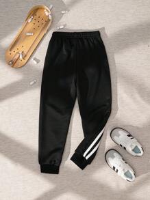 SHEIN Casuvi Kids 男小童黑色條紋運動休閒街頭服飾運動褲適合夏天和秋天