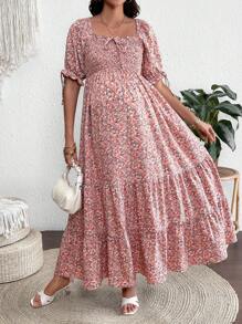 SHEIN 波西米亚风格复古方领碎花多层孕妇装 - 彩色 - 查看 4