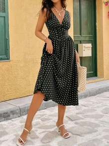 Chiquease Fashionable V-Neck Waist Defined Sleeveless Midi A-Line Polka Dot Dress, Versatile Everyday Wear - Multicolor - View 5