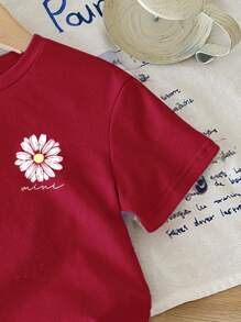 SHEIN Leap Crew Baby Girl Casual Minimalist Short Sleeve Shorts Set, Suitable For Summer - Burgundy - View 3