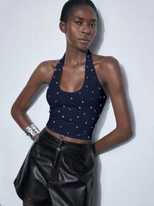 Maija 女士海军蓝U领水钻装饰简约时尚修身上衣，休闲日常、商务休闲、度假皆宜 - 藏蓝色 - 查看 6