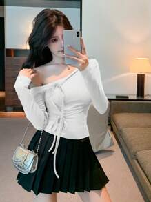 DAZY Women's Oblique Shoulder Tie Strap Long Sleeve T-Shirt, Minimalist & Fashionable, Suitable For Summer