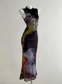 Elamini Women's Elegant Floral Print Sleeveless Dress, Summer