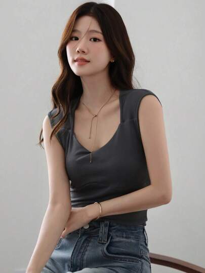 DAZY Women's Solid Color Slim Fit Sweetheart Collar Casual Summer Top T-Shirt,Crop Tops Women Preppy Tops