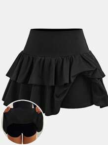 SHEIN Girlism Teen Girls Casual, Sports, Preppy, Back To School, Black Layered Ruffle Hem Cake Tutu Skirt Shorts Skirt, Spring And Summer