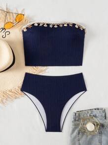 SHEIN Swim 春假女式两件套泳衣套装，纹理面料，贝壳和海星装饰，高腰成人沙滩泳裤 - 藏蓝色 - 查看 3