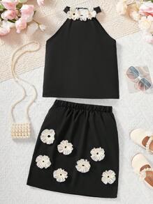 Set de 2 piezas con Top de cuello halter y Falda con decoración floral elegante para niña preadolescente, encantador para fiestas, bodas, primavera/verano