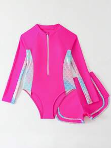 SHEIN Bộ đồ bơi dài tay có khóa kéo phía trước in họa tiết vảy cá dễ thương cho bé gái, thích hợp cho kỳ nghỉ, bơi lội, lướt sóng, bãi biển, hồ bơi - Nhiều màu - Xem 3