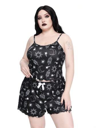 Goth Große Größen Gothic Sun, Moon & Star Print Camisole & Shorts Pajamas Set