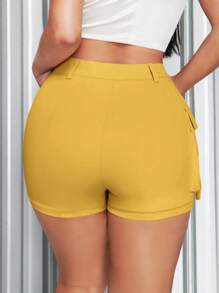 SHEIN SXY 夏季高腰侧盖口袋卡其色短裤 - 黃色 - 查看 6