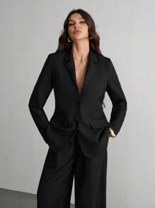 SHEIN Tall Young Women Casual Grey Textured Oversized Long Sleeve Loose Blazer For Commuting Office Outfits For Women Business Women Attire In Fall/Winter - Black - View 6