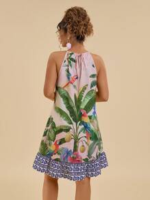 Travachic Plus Size Women Tropical Parrot & Plant Print Halter Mini Beach Dress, Boho Summer Holiday Dress Pool Party Outfit  Coconut Girl  Summer  Boho Chic Boho Style Women's Clothing Brunch Outfits For Women Airport Outfit For Women Beach Vacation Outfits City Break Outfits Holiday Outfits Western Clothes For Women Western Wear Women Plus European Summer Island Vacation Outfits Honeymoon Outfits Woman Old Money Tropical Dress - Multicolor - View 2