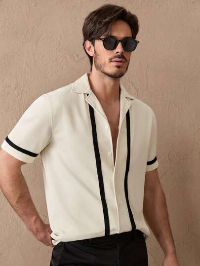 HIMLAND Camisa casual de manga corta con botones tejida para hombres, Old Money