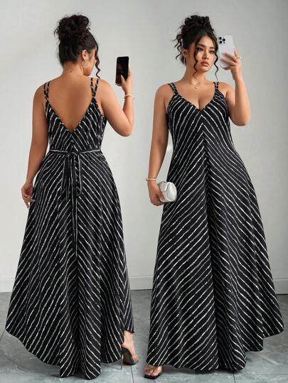 Elenzga Plus Size Striped Wide Leg Jumpsuit, Fashionable Casual Loose Vacation Style, Sexy Spaghetti Strap, Women