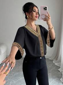 Chiquease Women's Elegant Batwing Sleeve Blouse, Loose Design, Golden Decorative Ribbon, Middle Eastern Style Latest Spring/Summer Fashion - Black - View 7