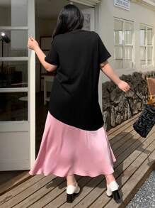 Dazy Plus Color Block Round Neck Short Sleeve A-Line Long Dress, Summer - Black - View 2